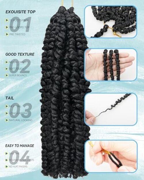 Pre-looped Passion Twist Crochet Hair Extensions,Crochet 10 Inch (Pack of 8) 1B