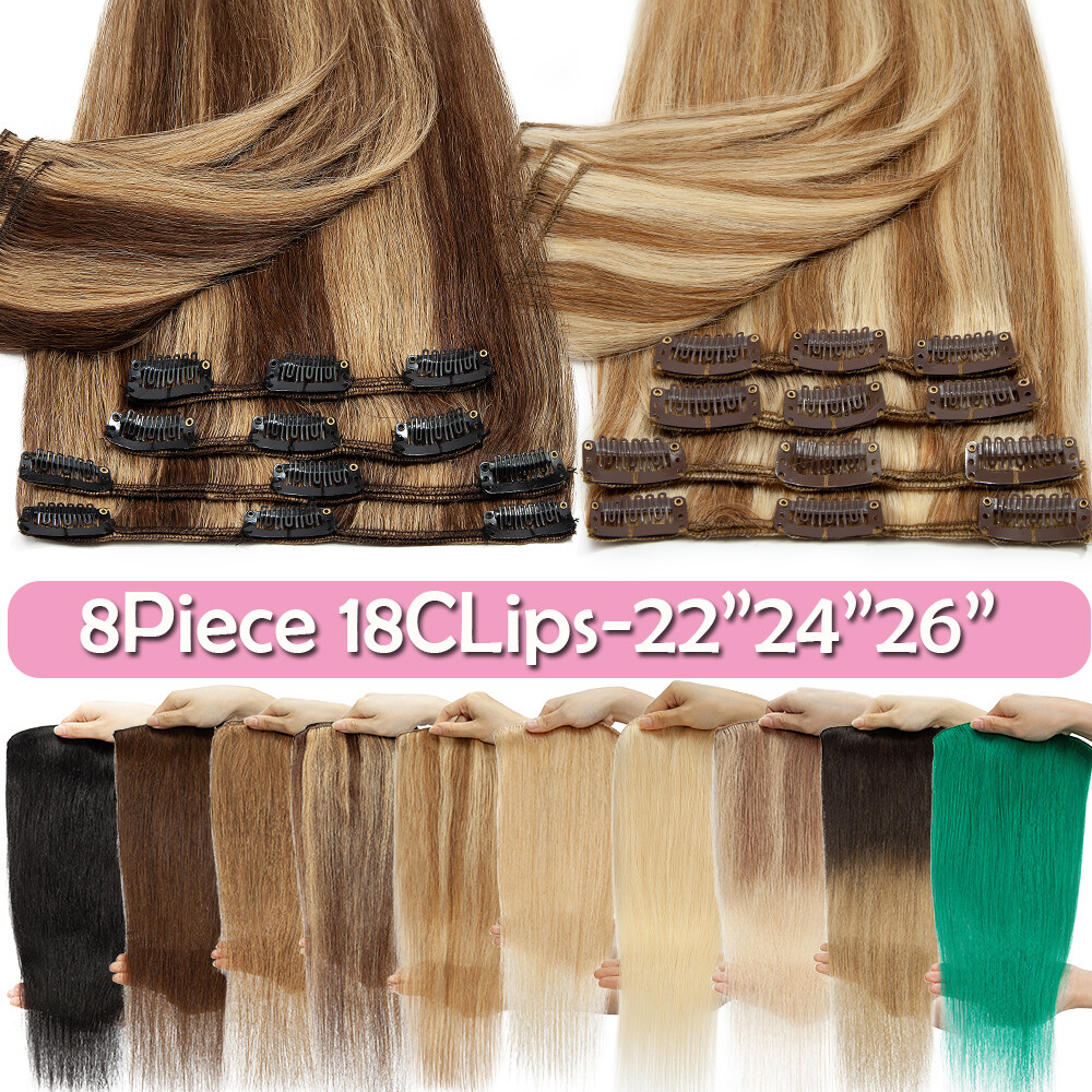 CLEARANCE Clip In Remy Human Hair Extensions 8 PIECE Weft Real Hair Full Head US