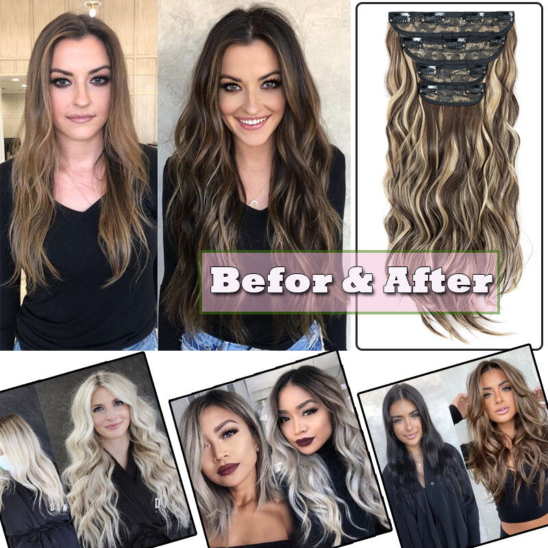 4PCS Clip In 100%Real THICK as Human Hair Extension Full Head Highlight Balayage