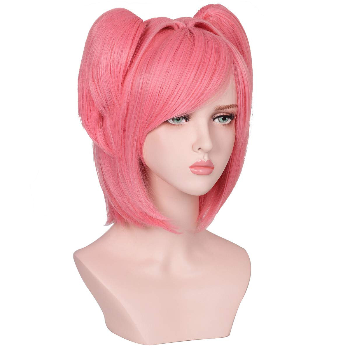 Colorground Short Pink Cosplay Wig with 2 Clips Ponytails for Girls and Women