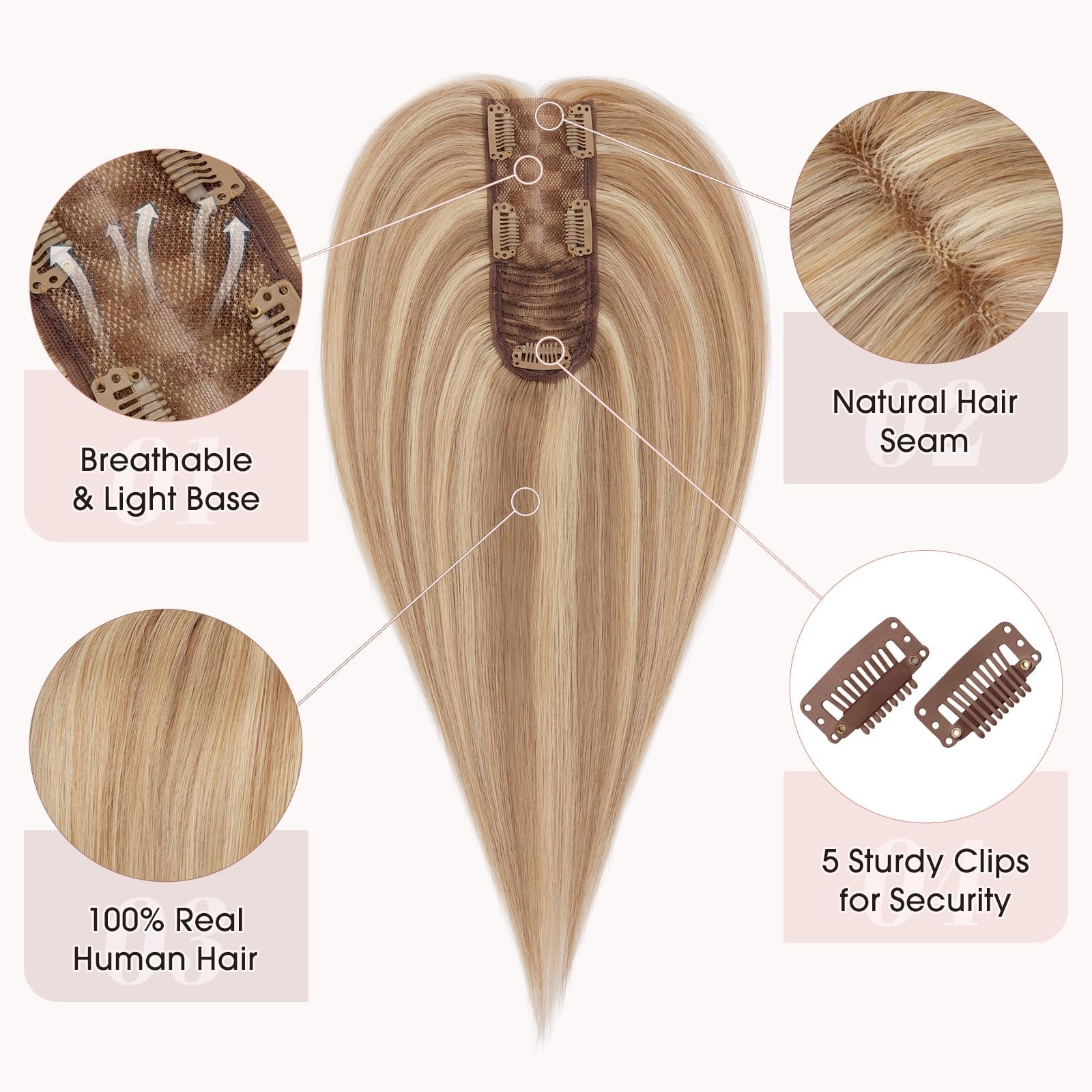 Hairro Hair Toppers For Women Real Human Hairpieces 2.25X6 Base Clips On 360 3D