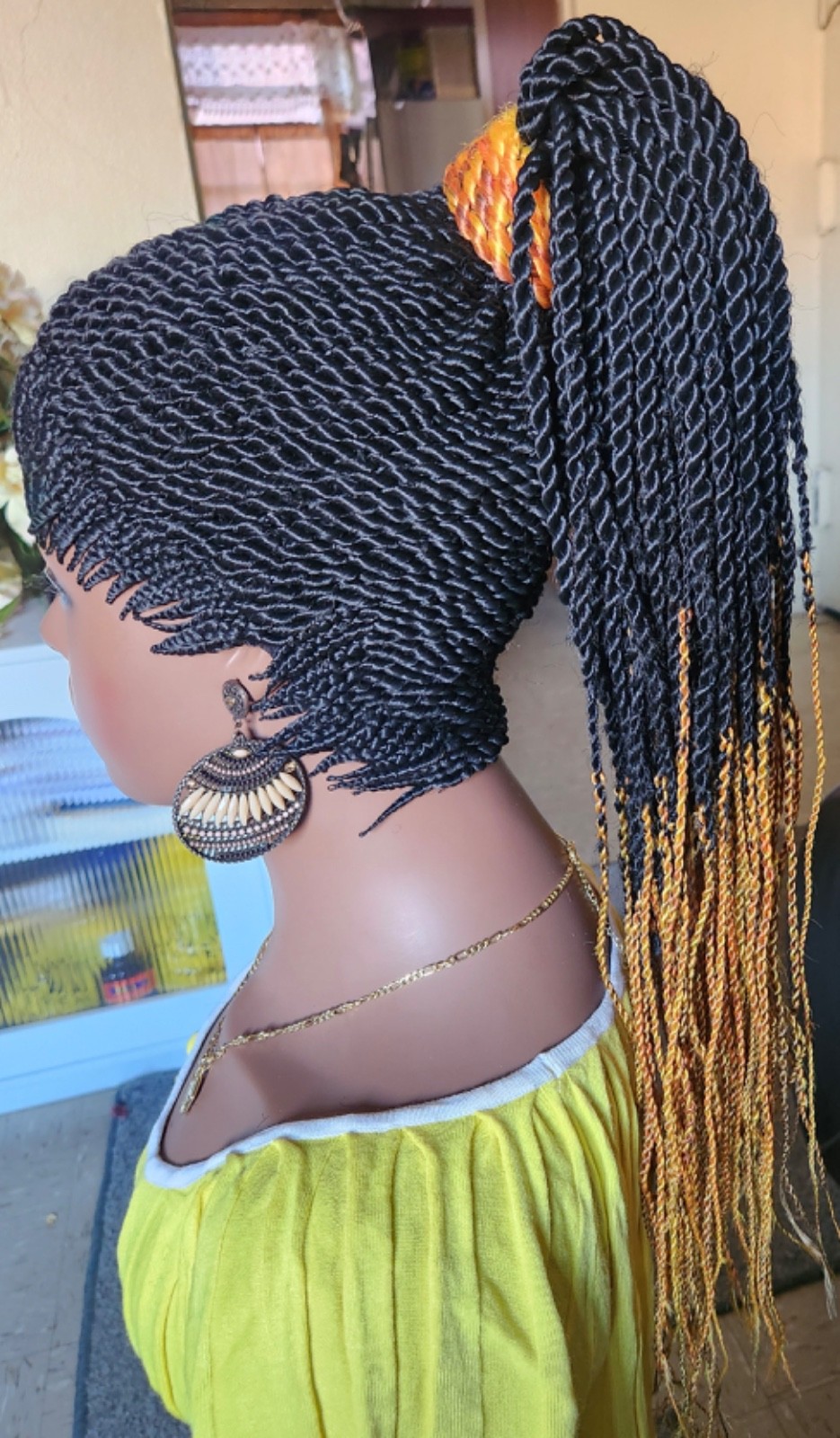 Fully hand braided Senegalese twist cornrows wig ponytail libre 1B/yellow