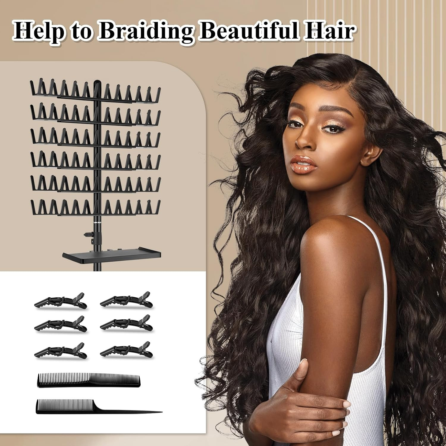 Braiding Rack with Tray, 144 Pegs Height Adjustable, 2-Side Hair Extension Holde