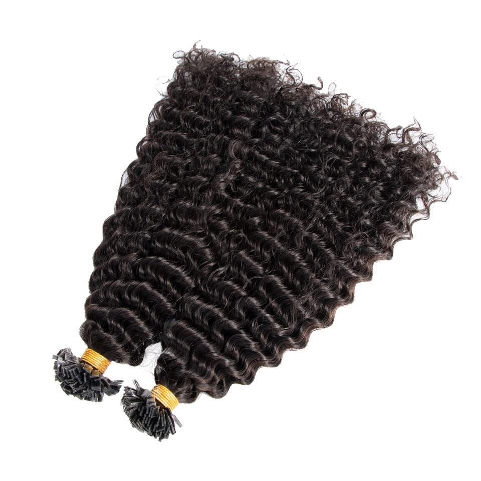Keratin Fusion Flat Tip Human Hair Extension Deep Curly Pre Bonded Hair 100pcs