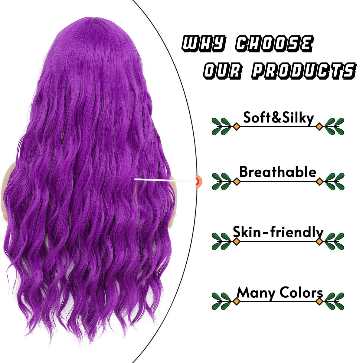 Womens Long Curly Wavy Wig Purple Wigs with Bangs Synthetic Full Wigs for Dai…