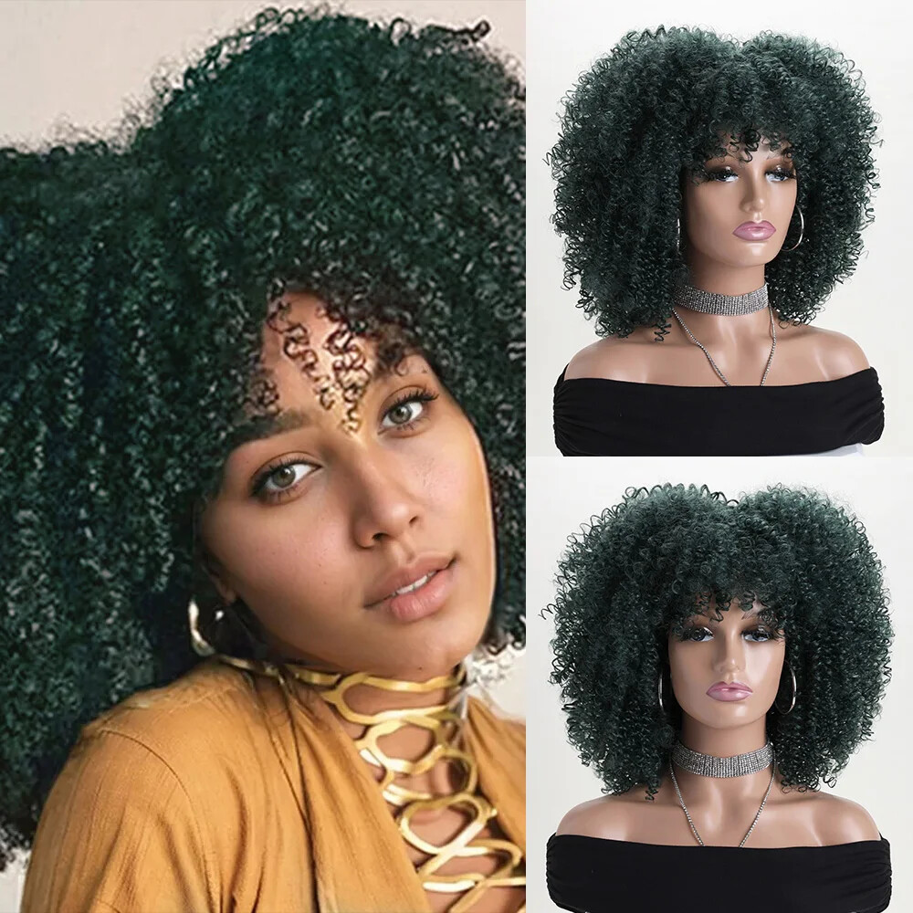 Afro Kinky Curly Wig 16 Inch Synthetic Hair with Bangs for Daily Wear