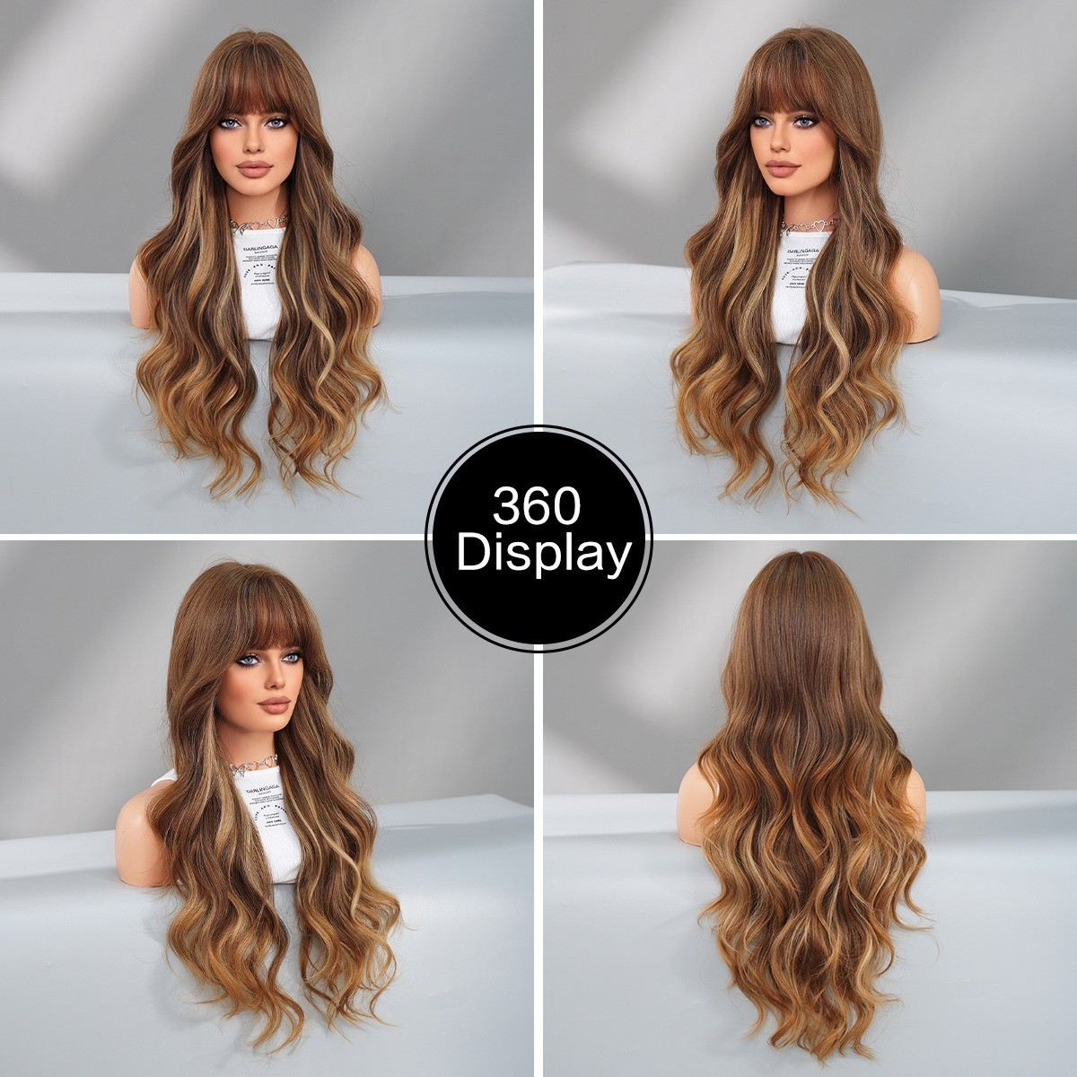 Golden highlighted long curly hair with big waves and bangs wigs