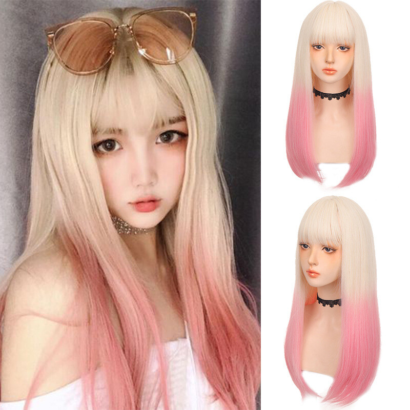 Cosplay Wig Women Straight Hair Light Gold Pink Gradient Hair Wig Lolita Wig