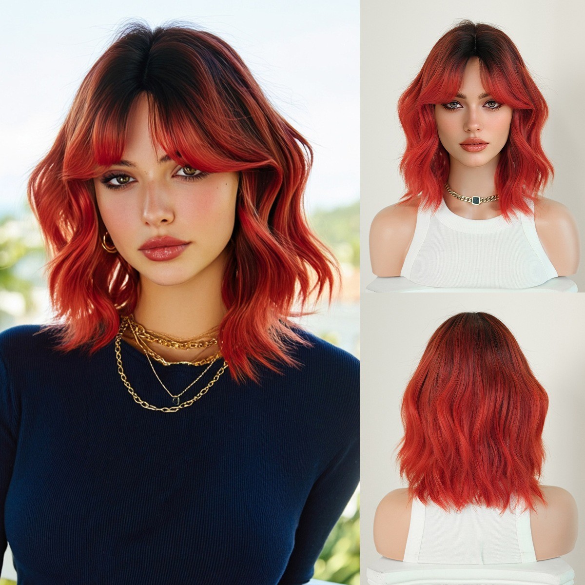14in Bob wig red color short wavy curly hair synthetic fiber short hair