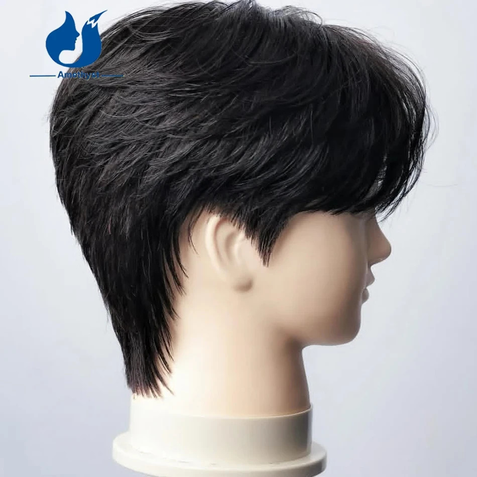 Black Straight Short Pixie Cut Wig for Men Human Hair with Bangs Full Lace Wig