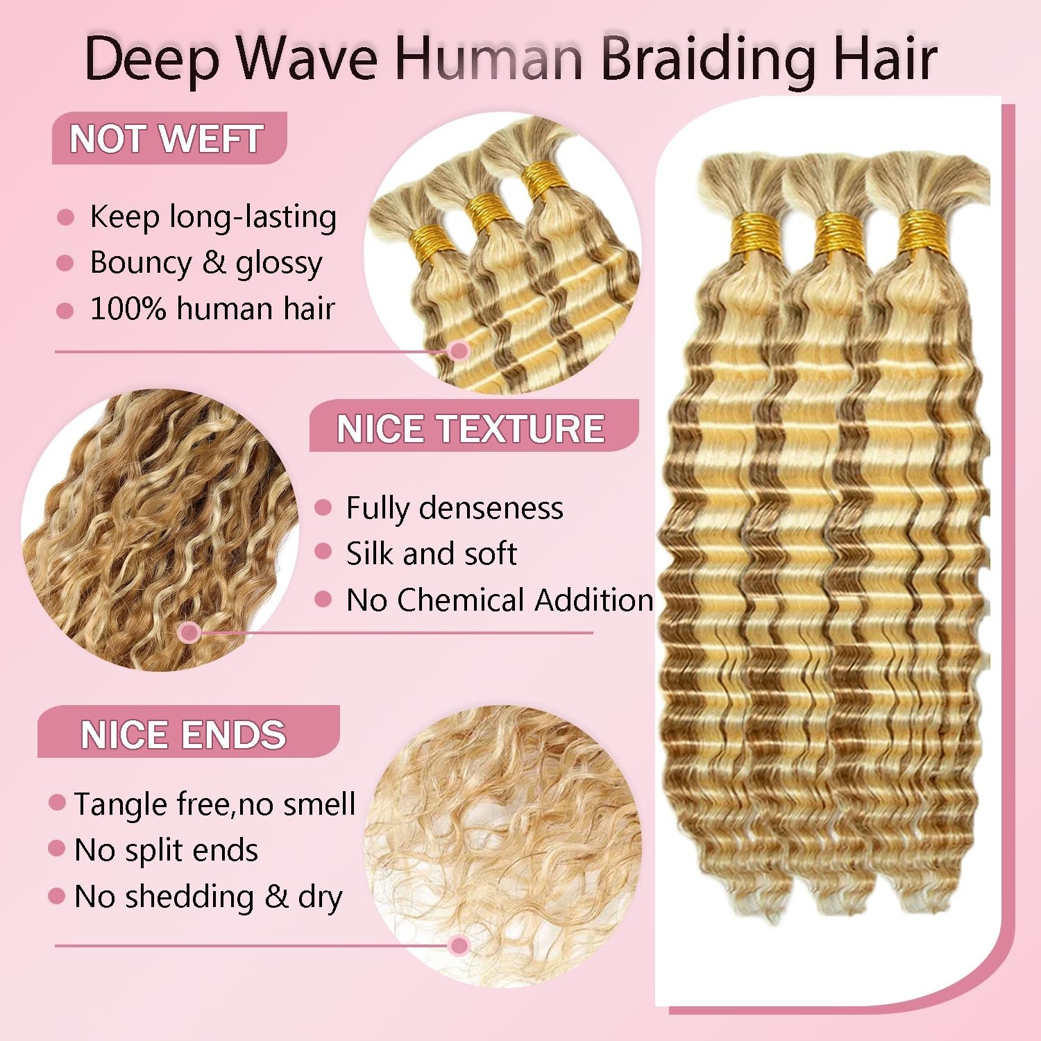 Highlight Honey Blonde Human Braiding Hair – 16″ Deep Wave Bulk Extensions, 3 Bu