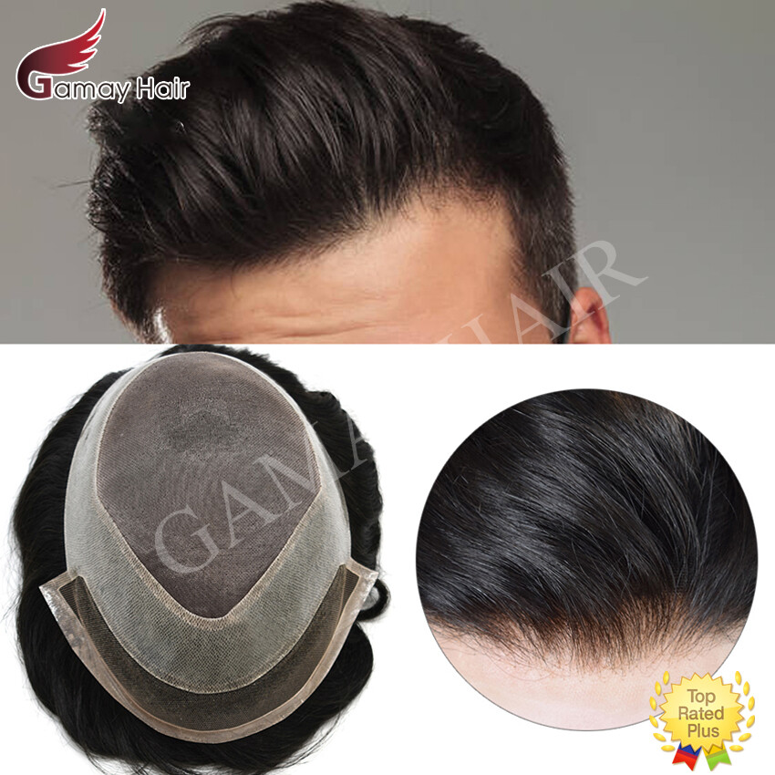 Mens Toupee French Lace Front Hair Piece System Fine Mono Poly Skin Wig for Men