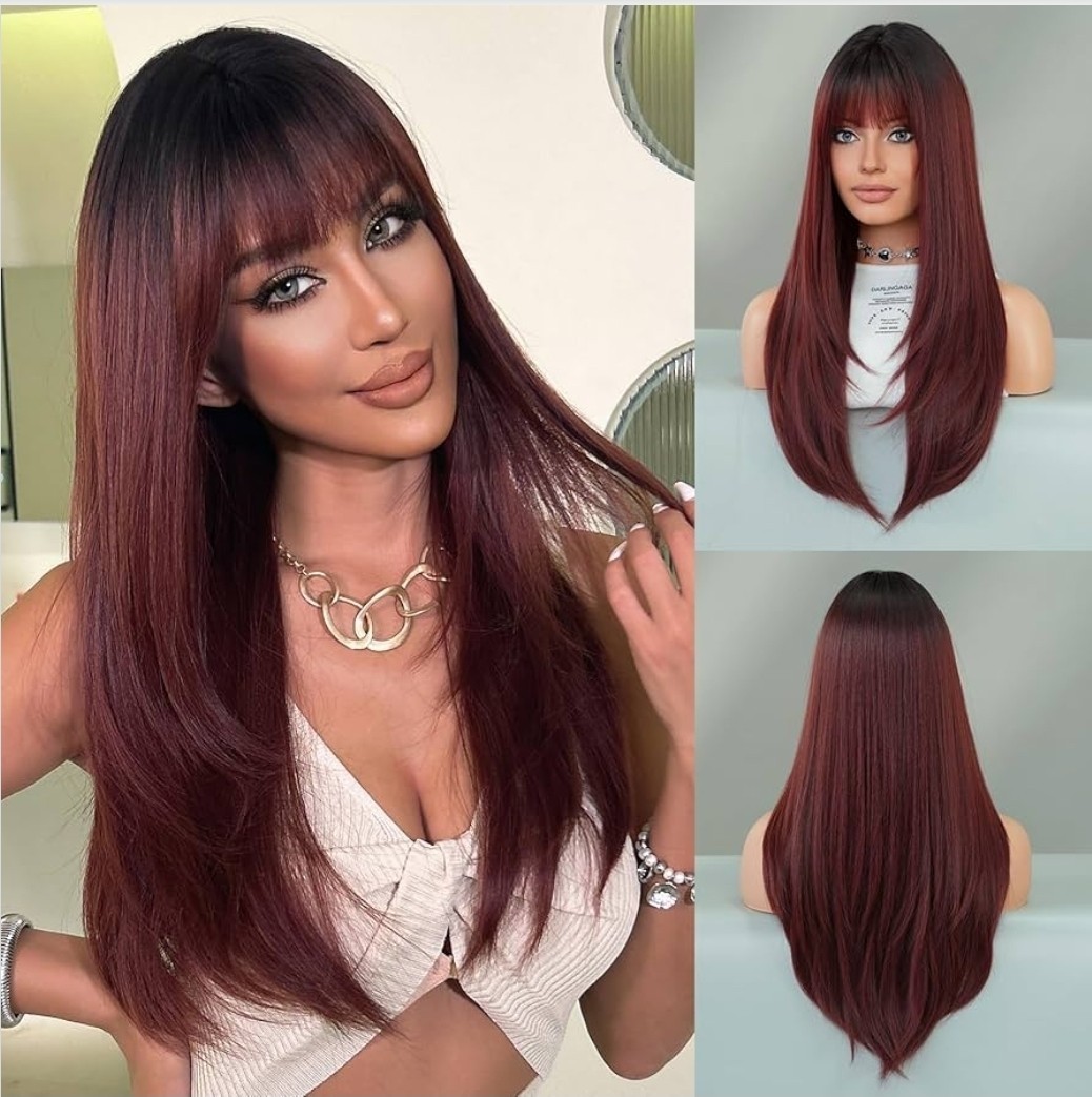 Wig – Human Hair Blend – Long Straight Layered Dark Auburn Red Ombre