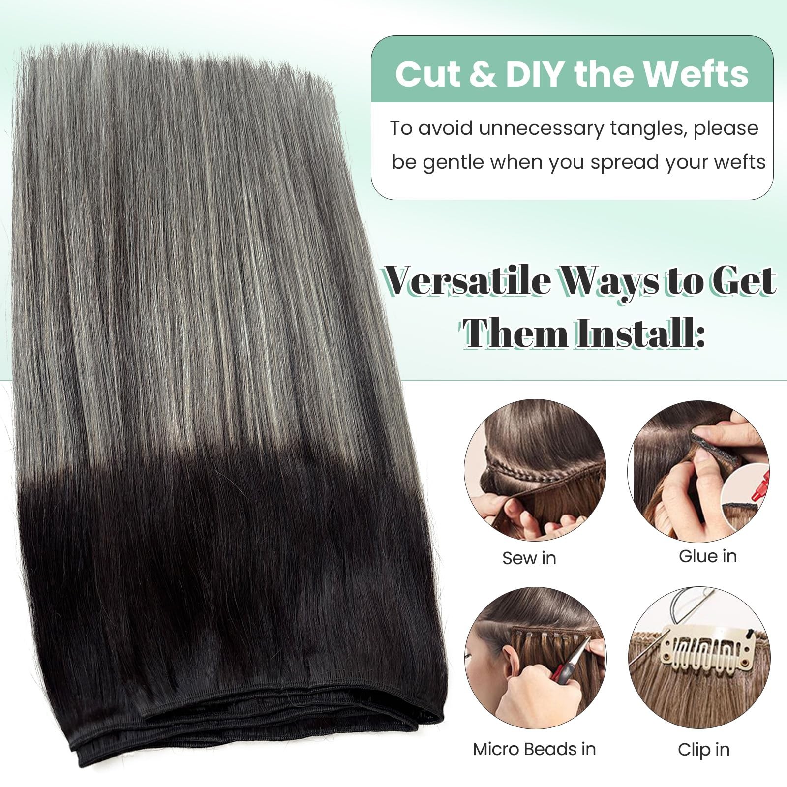 Weft Hair Extensions Balayage Black Silver Sew in Human Hair Ombre Grey Gray 16