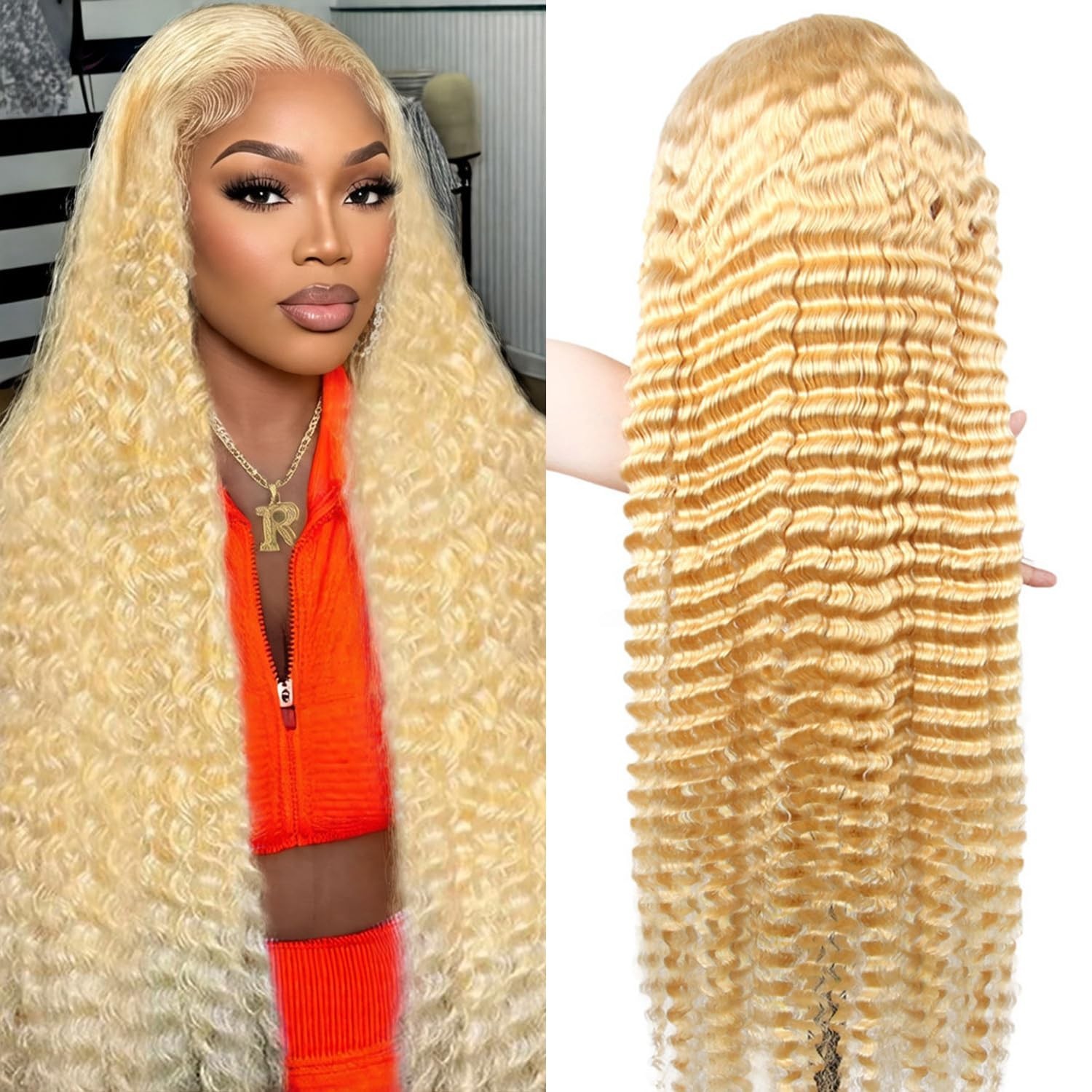 32″ Blonde Deep Wave Lace Front Wig – 200% Density Human Hair, HD Transparent La