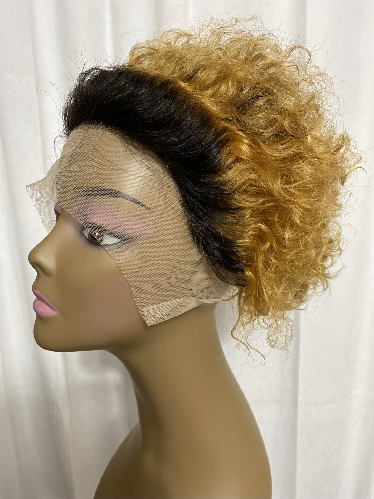 Lace Front Wig Honey Blonde Ombre Short Curly Human Hair Pixie Cut Bob 1B/27