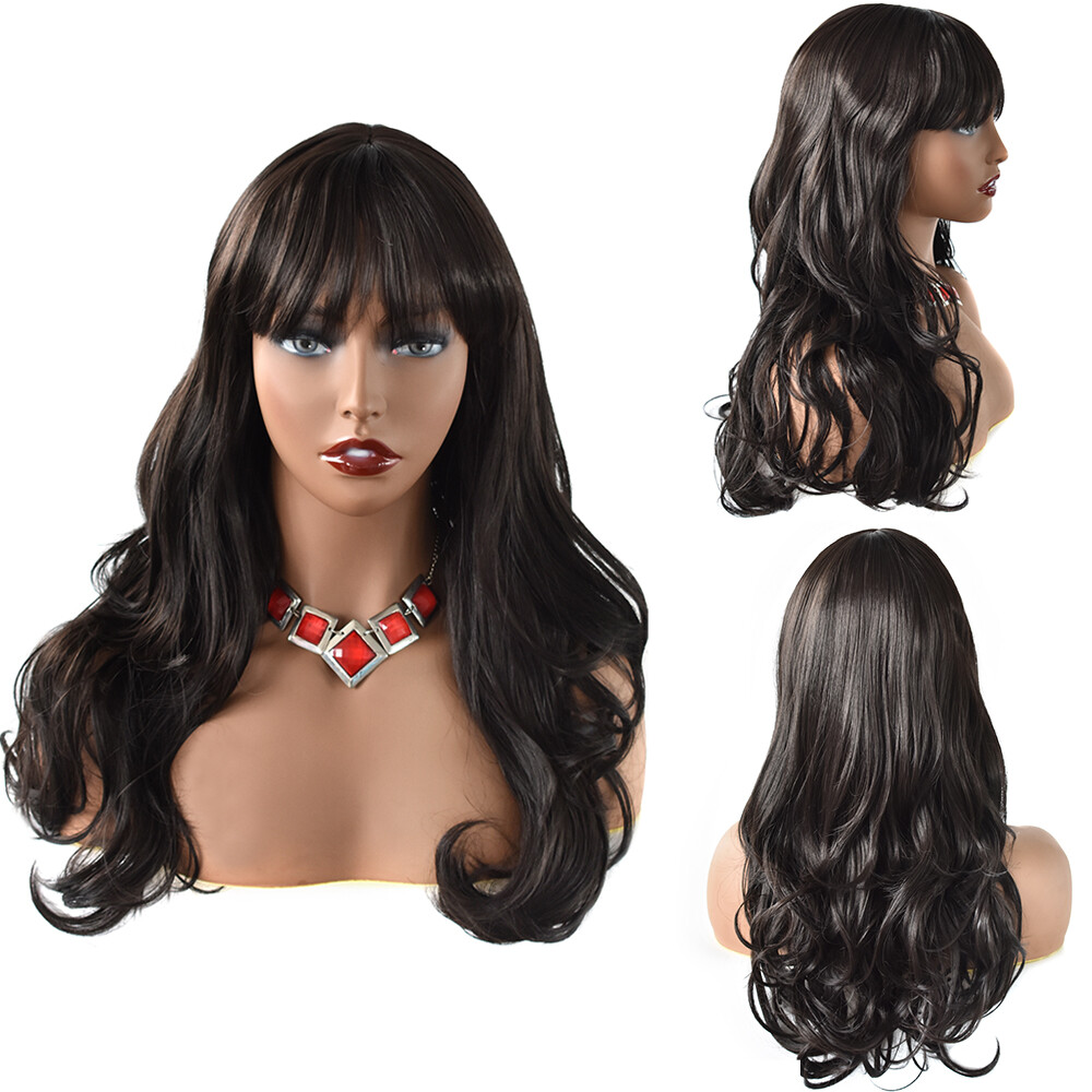 26″ Long Wavy Wigs for Women Machine Made Premium Synthetic Black Brown Hair US