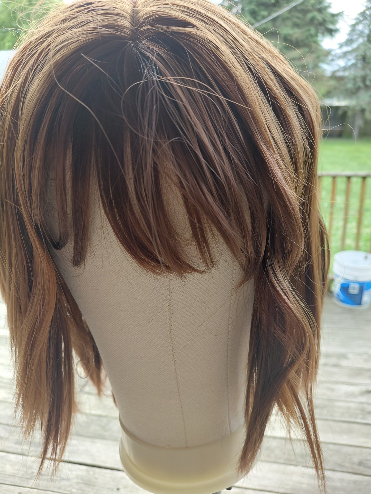 wig light brown wavy texture bangs style shoulder length for women adult