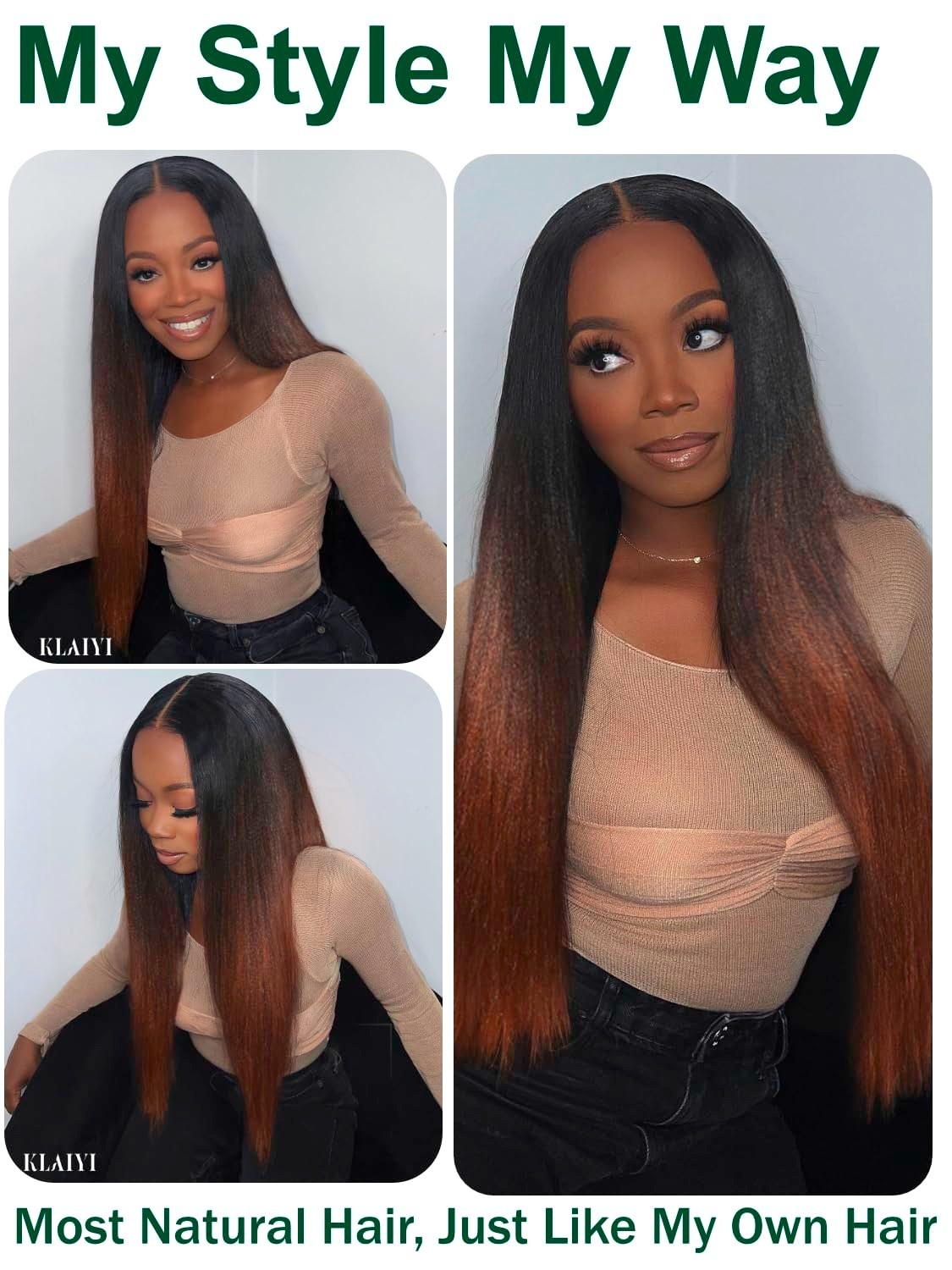 Yaki Straight V Part Wig Human Hair Ombre Reddish Brown 22″ No Leave Out Clip In