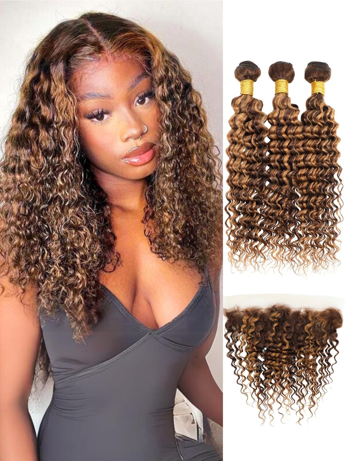 12A Honey Blonde Deep Wave Bundles with 13×4 Lace Frontal Closure – 3 Virgin Hai
