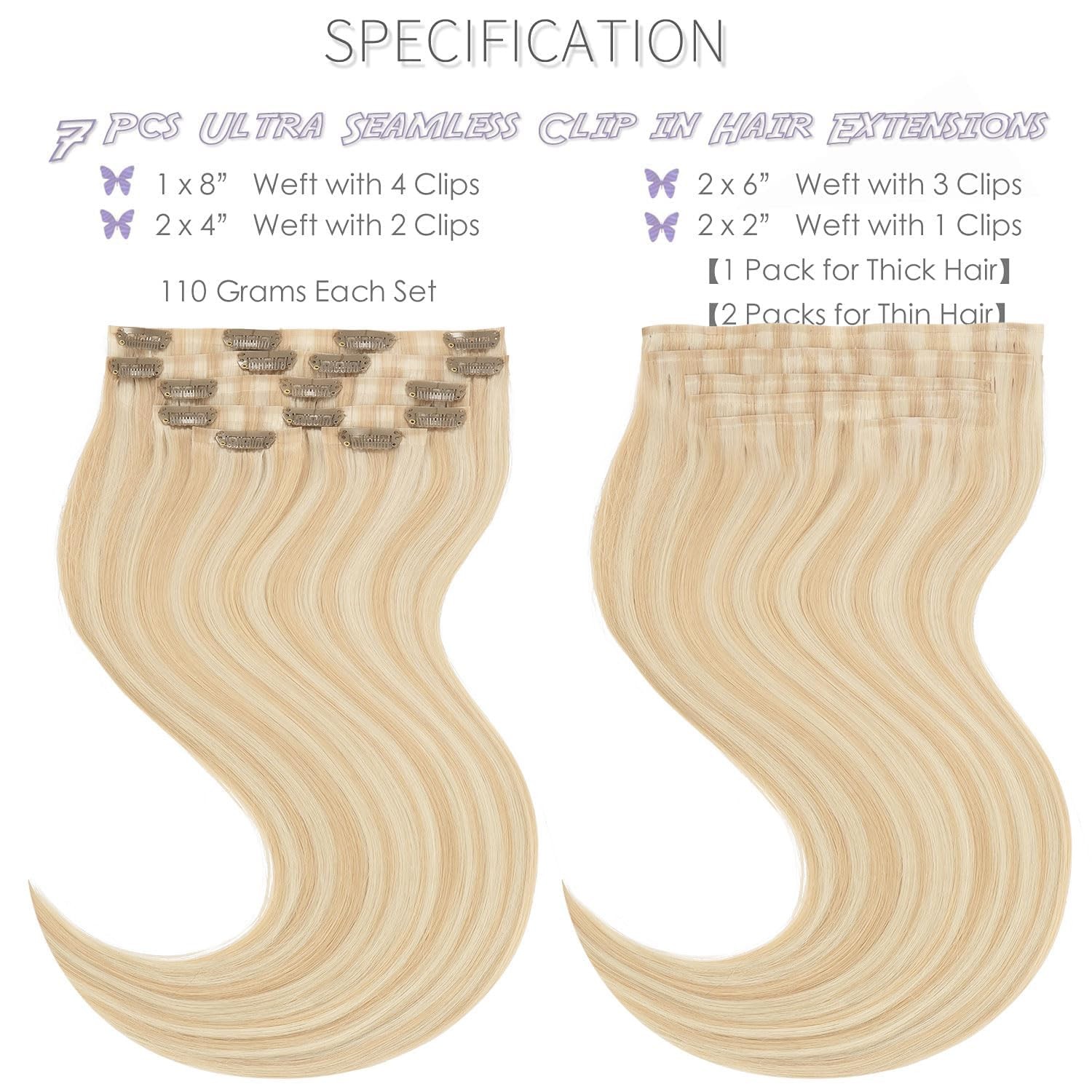 Lacer Hair Highlight Blonde Clip in Hair Extensions 20 Inch Human Hair 7pcs 110g