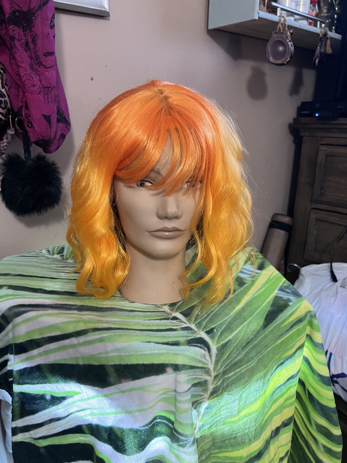 Adult Women’s Wavy Wig with Bangs Orange/Yellow Colored Hairpiece