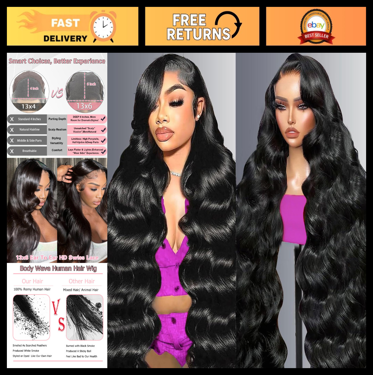30″ 13×6 Body Wave Lace Front Wig – 200% Density, Pre-Plucked, HD Transparent, G