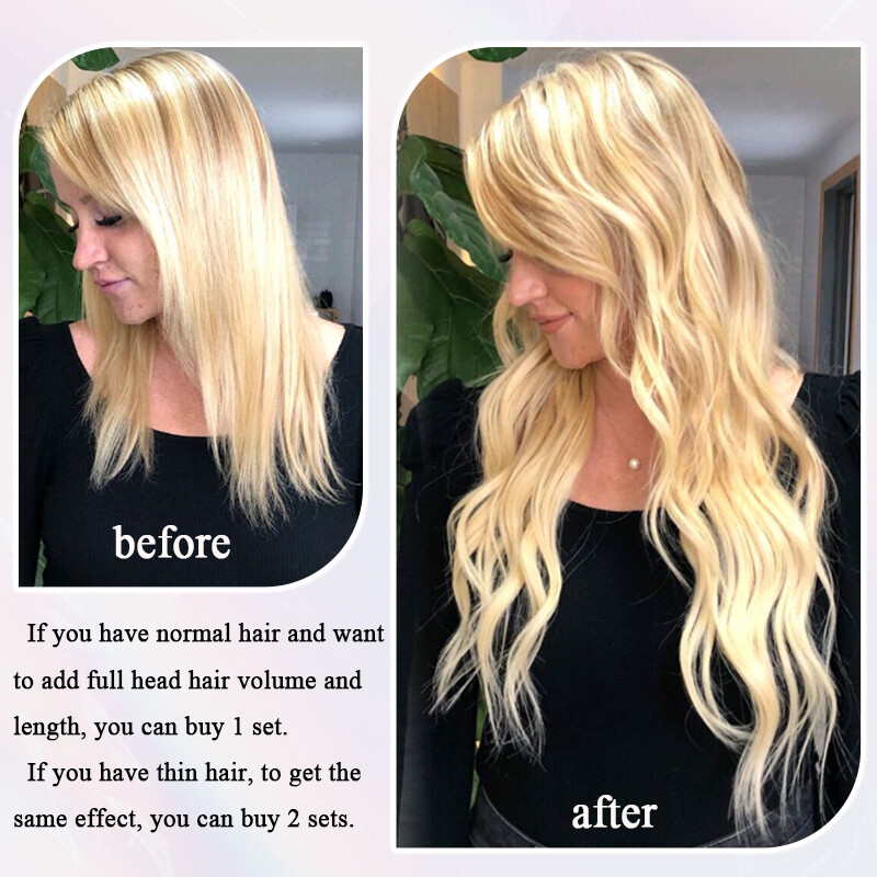 Double Weft Thick Clip In Wavy Full Head Real Remy Human Hair Extensions Blonde