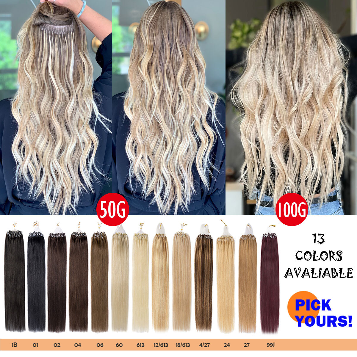 Micro Ring Loop Beads Tip Remy Human Hair Extensions Thick Full Head Black Brown