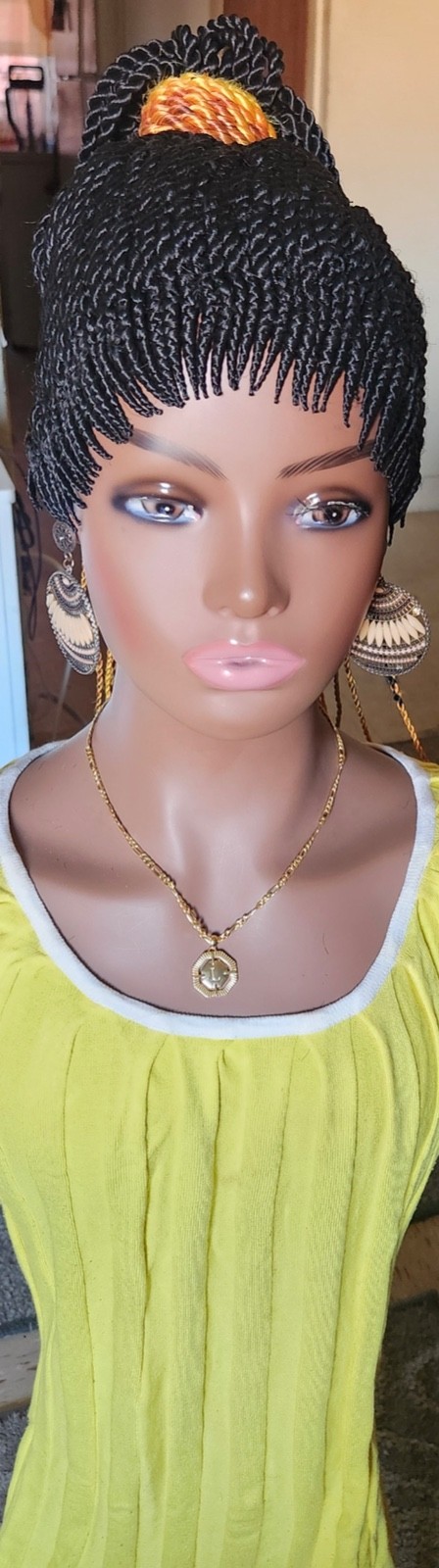 Fully hand braided Senegalese twist cornrows wig ponytail libre 1B/yellow
