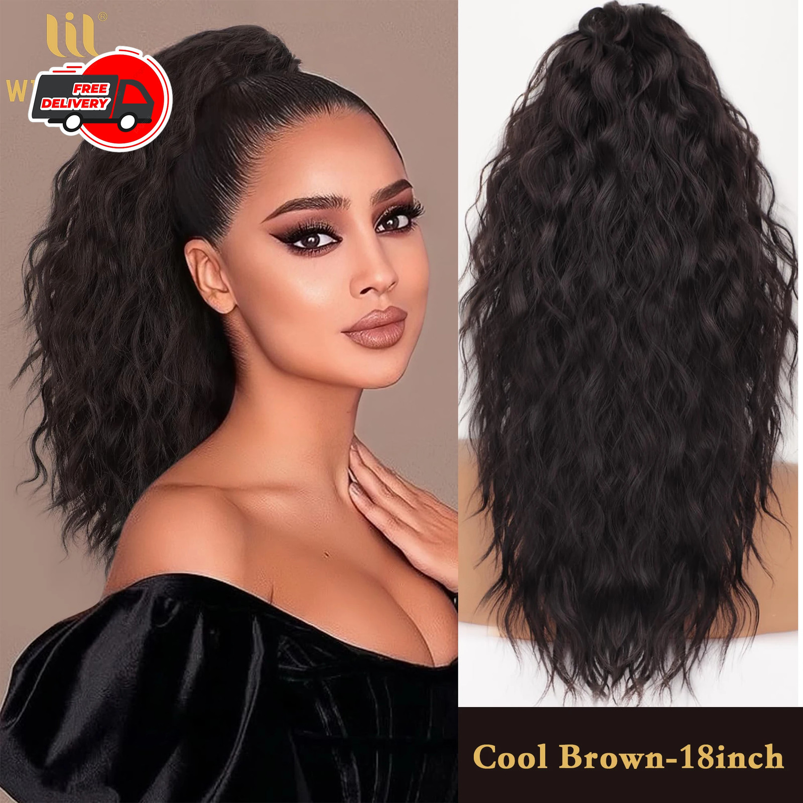 Black Brown Long Wavy Curly Synthetic Claw Clip In Ponytail Fake Hair Extension