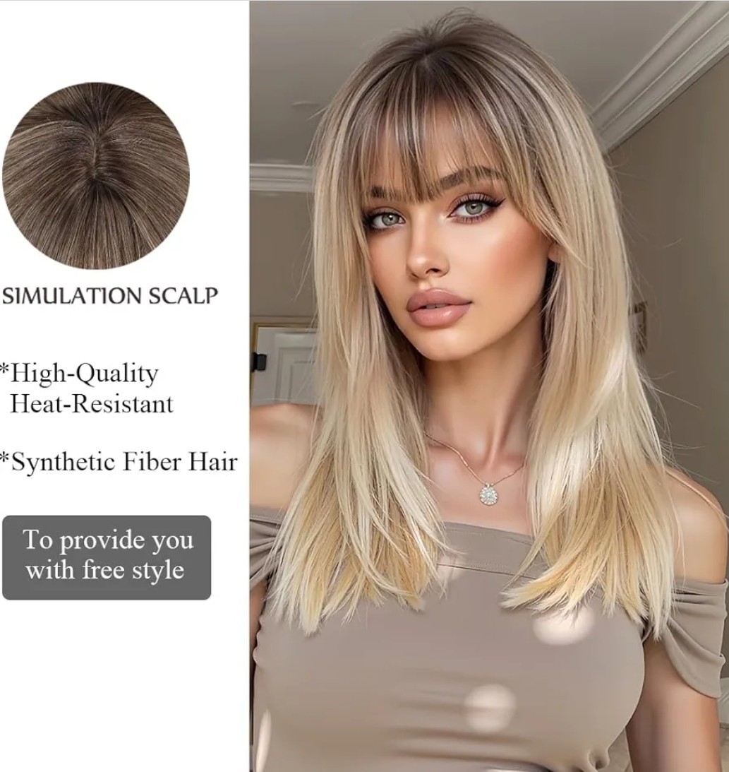 Blonde Wig – Human Hair Blend Short Straight Layers Bangs