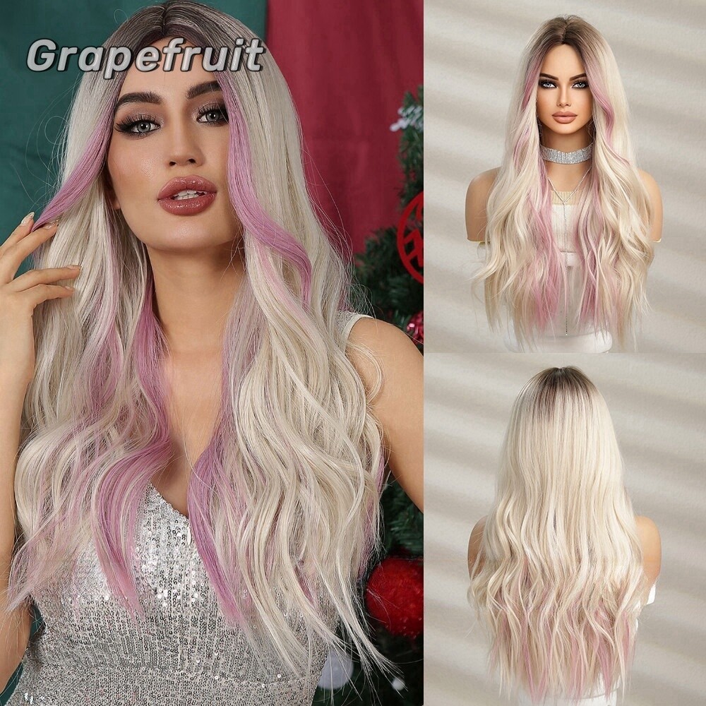 Wig for women Gradient gold highlights pink synthetic fiber breathable wig