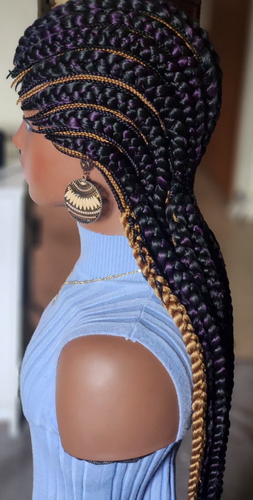 Fully hand braided Ghana banana cornrows wig All back down 1B mix dark purple/27