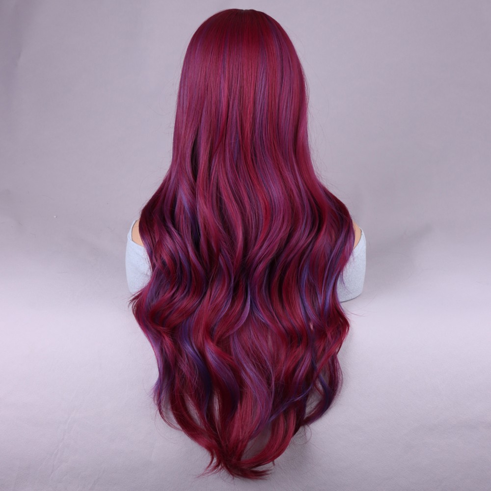 28inch Woman Girls Daily Use Hair Styling Wine-Red Wavy Hair Cosplay Wigs