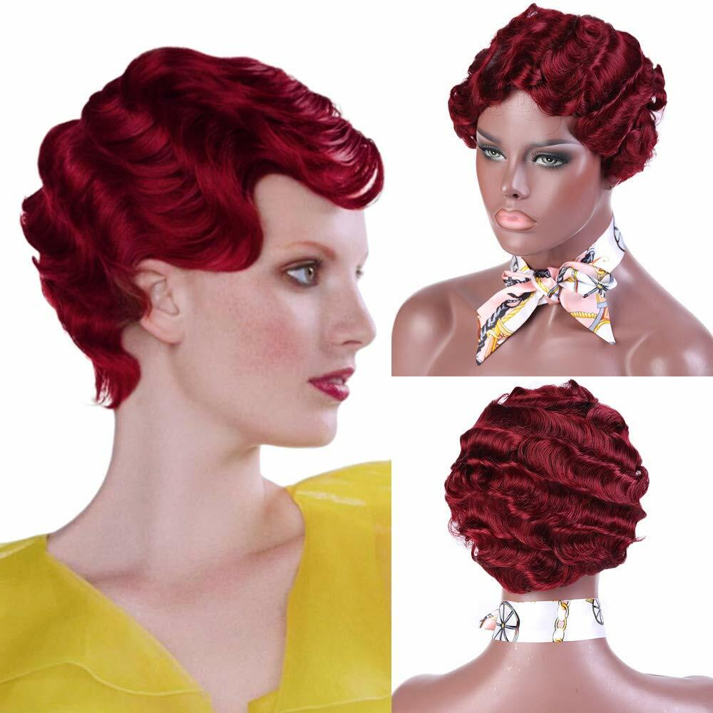 Burgundy Red Finger Wave Remy Human Hair Wigs Short Wave Pixie Wigs None Lace US
