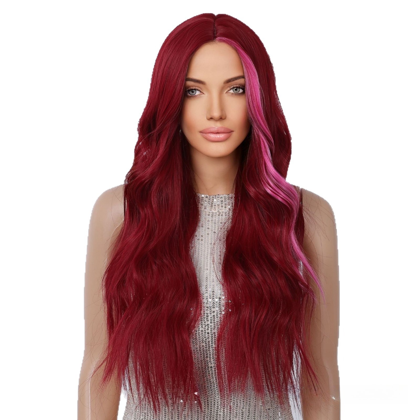 Ombre Burgundy Pink Highlight Long Wavy Wig 26 Inch Middle Part Synthetic Hair