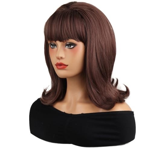 Short Brown Mixed Wig with Bangs – Retro Bouffant Beehive 60s 70s 80s Costume Co