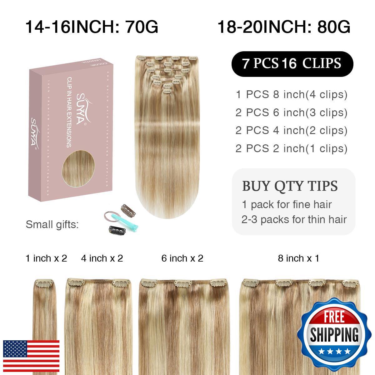 SUYYA Clip in Hair Extensions Real Human Hair 7 Pcs Human Hair Clip in Extens