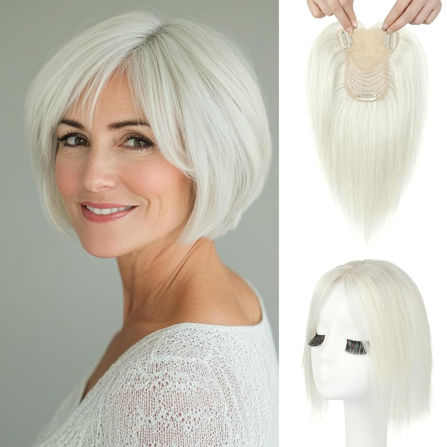 Platinum Blonde White w/ Black Strands 100% Human 10in Women Hair Topper