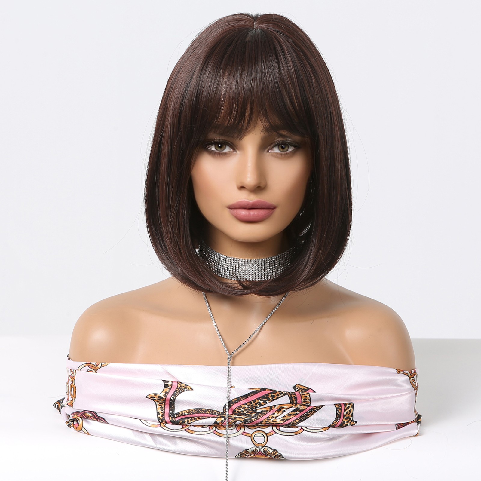 Choc Brown Heat Resistant Hair Costume Wigs With Bangs Bob Straight