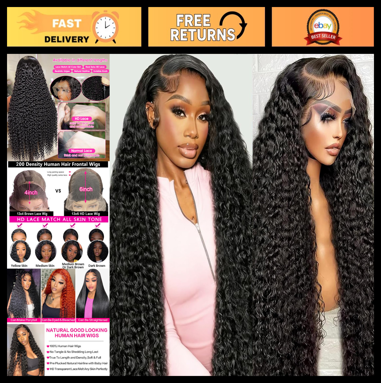 34″ 13×6 Lace Front Human Hair Wig, 200 Density Water Wave, Pre-Plucked Curly fo