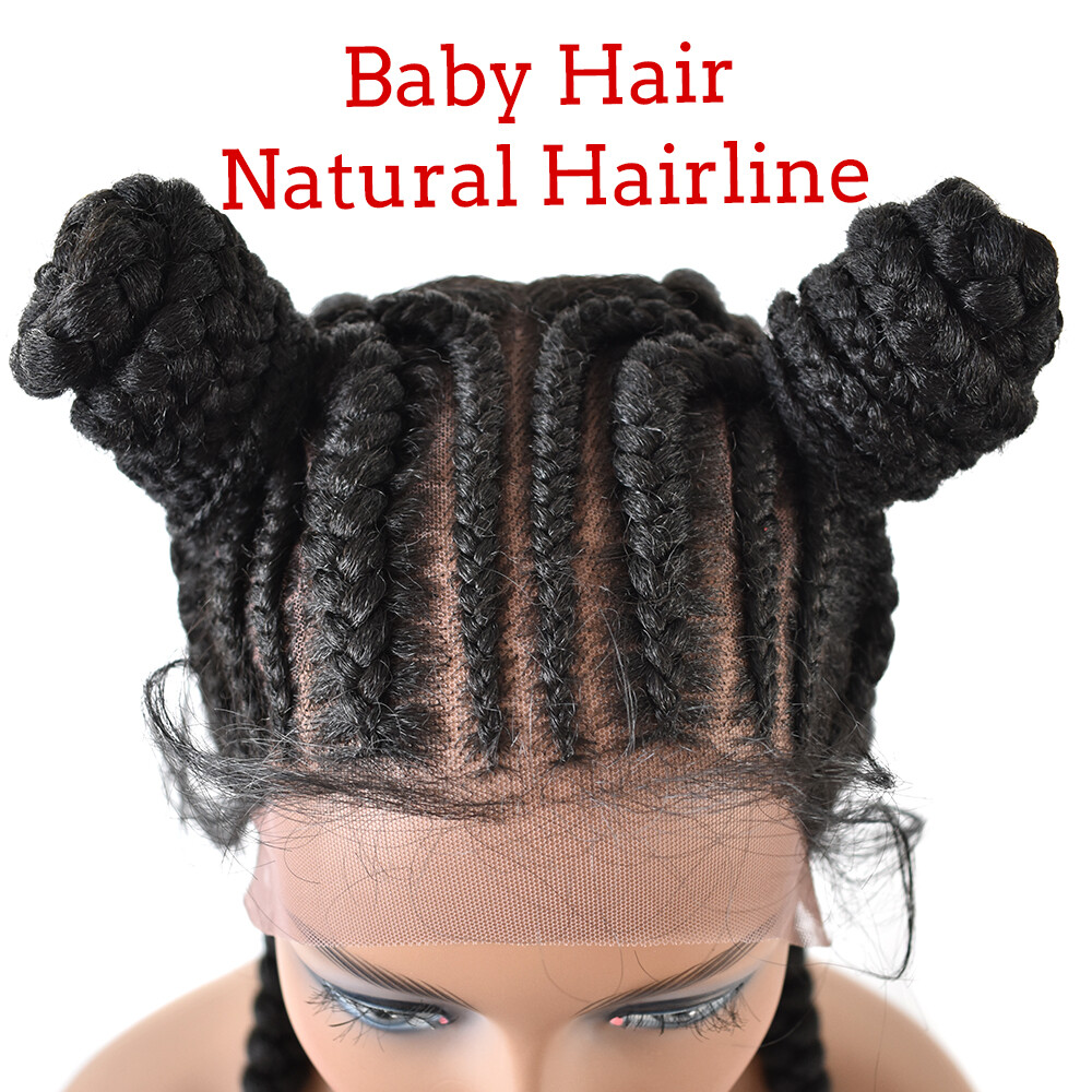 Swiss Lace Front Cornrow Box Braided Women Wigs Baby Hair 2 Updo Buns Ponytails