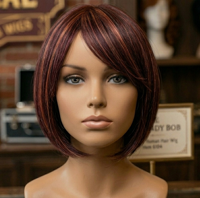 RENERSHOW Short Burgundy Highlight Bob Wig bangs red pixie women synthetic daily