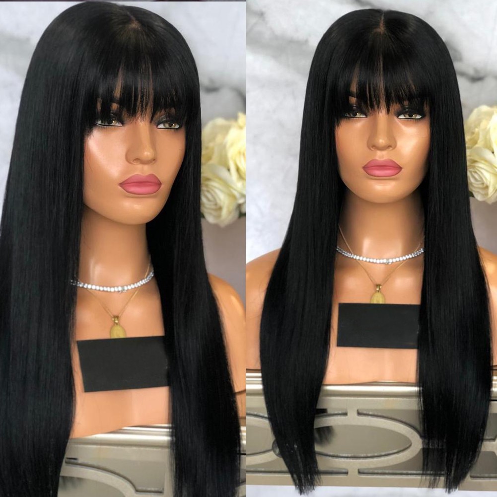 Black Long Straight Cosplay Party Wigs With Bangs Halloween Soft Synthetic Hair