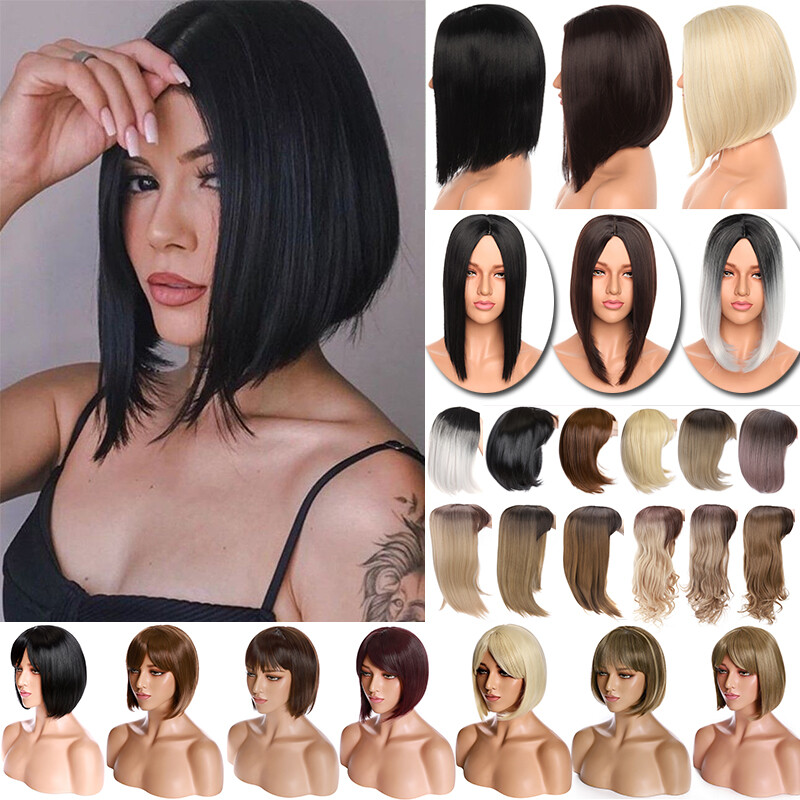 Short Straight Bob Synthetic Wig Bangs Black Hair Cosplay Heat-Resistant Ombre