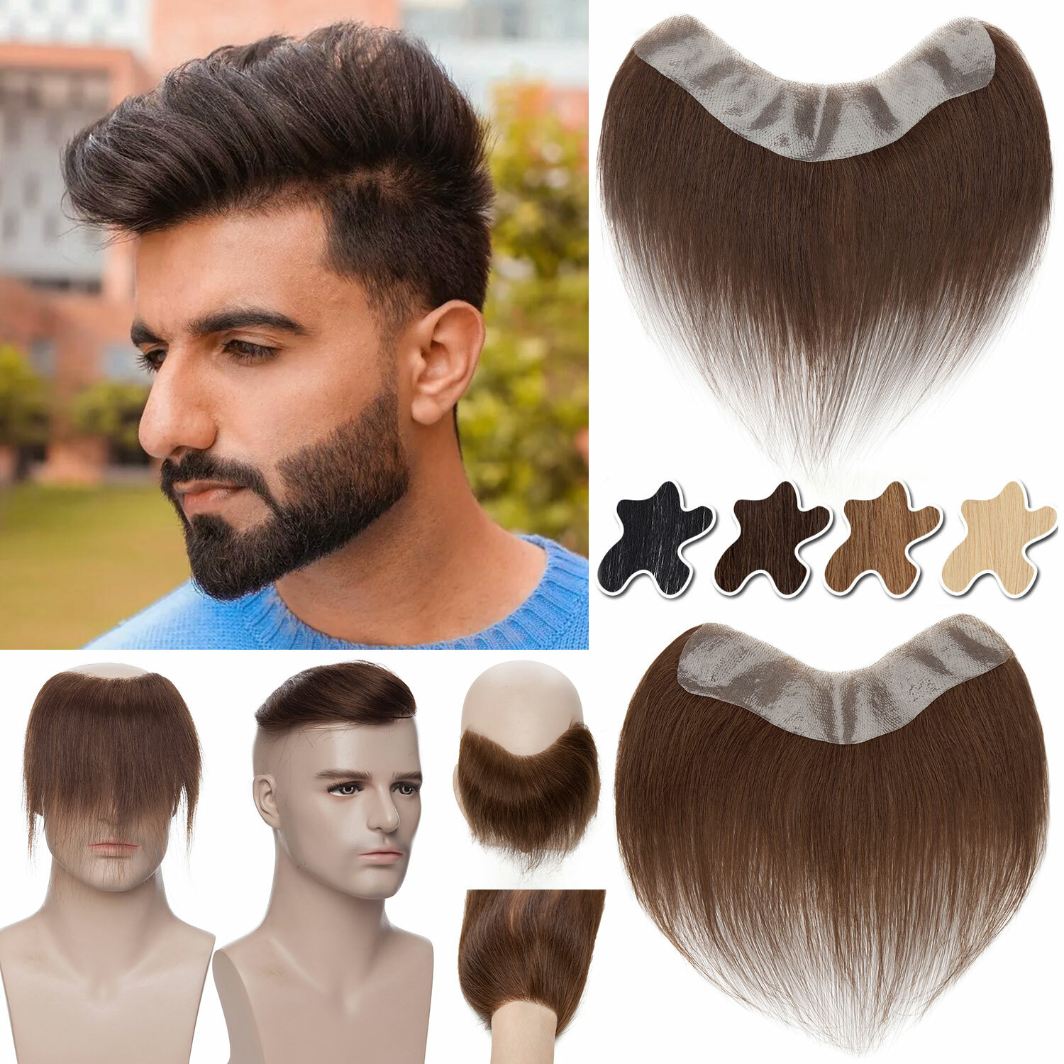 Brown Forehead V-Loop Hairline Men’s Toupee Remy Human Hair Thin Skin Hairpieces
