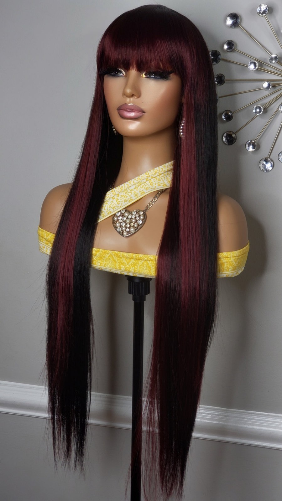 New Extra Long Straight Bang Style Burgundy Black 99J Red Wine Hair Full Cap Wig