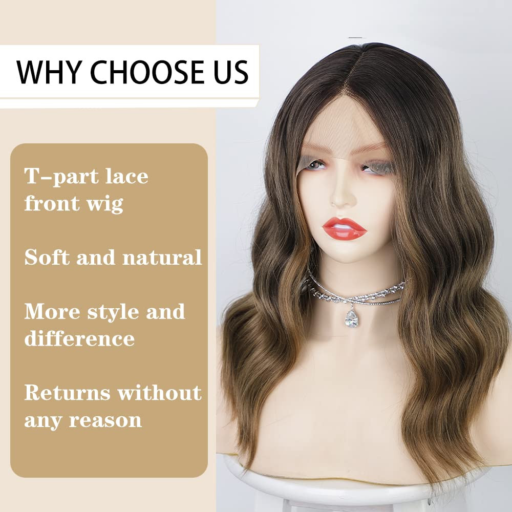Short Bob Wavy Wig for Women Lace Front Wigs Ombre Brown Synthetic Wig Middle Pa