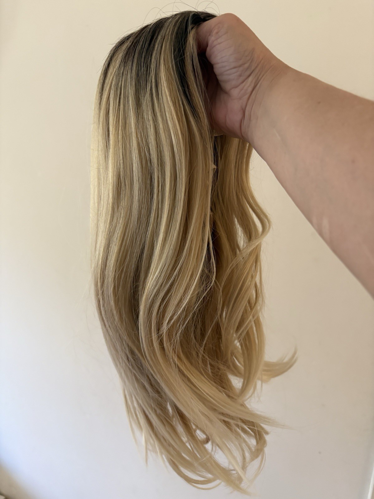 Dark Rooted Blond Synthetic Straight Wig, Classic Cap, Elastic Band, Middle-Part